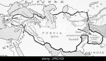 Carte montrant l'Empire timurien, (Afghanistan, Iran, Irak et Asie centrale d'aujourd'hui, également une partie du Pakistan, de l'Inde du Nord et de la Turquie) fondé par Timur, alias Tamerlane, 1336 – 1405. Extrait du livre Outline of History de H.G. Puits, publié en 1920. Banque D'Images