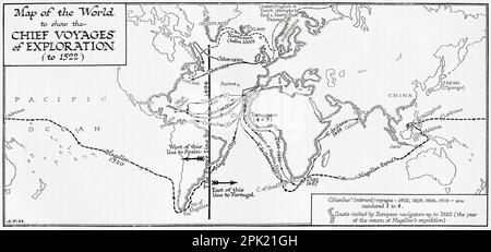 Carte du monde montrant les principaux voyages d'exploration, à 1522. La ligne noire au milieu de la carte indique le Traité de Tordesillas, 1494, Qui a divisé les terres nouvellement découvertes hors de l'Europe entre l'Empire portugais et l'Empire espagnol (couronne de Castille), le long d'une méridienne 370 ligues à l'ouest des îles du Cap-Vert, au large de la côte ouest de l'Afrique. Cette ligne de démarcation était à peu près à mi-chemin entre les îles du Cap-Vert (déjà portugaises) et les îles visitées par Christophe Colomb lors de son premier voyage (revendiqué pour Castille et León), nommées dans le traité Cipangu et Banque D'Images