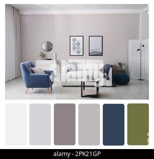 Palette de couleurs et photo de l'intérieur élégant du salon. Collage Banque D'Images