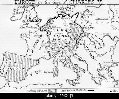 Carte de l'Europe à l'époque de Charles V, empereur romain Saint, 16th siècle. Extrait du livre Outline of History de H.G. Puits, publié en 1920. Banque D'Images