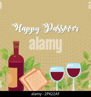 Concept de célébration de Pesah , fête de la Pâque juive. Cartes de vœux avec quatre verres à vin traditionnels, Happy Passover en hébreu, bouteille d'aquarelle vectorielle Illustration de Vecteur