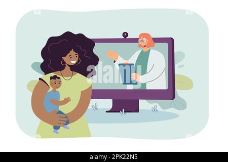 Caricature femme tenant bébé et consultant médecin en ligne Illustration de Vecteur