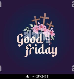 bannière religieuse chrétienne avec inscription du vendredi saint, illustration vectorielle avec fleur aquarelle et signe de croix Illustration de Vecteur