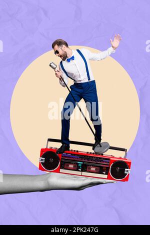 Creative 3D photo art graphiques collage peinture de type frais chantant debout boom box isolé dessin arrière-plan Banque D'Images