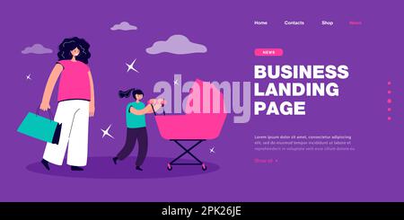 Mère avec sac à provisions et fille poussant la poussette de bébé Illustration de Vecteur