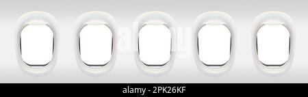 Photo de cinq fenêtres d'un avion de l'intérieur (concept de vol), cadres isolés sur fond blanc Banque D'Images