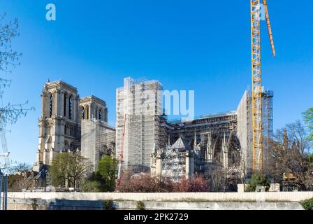 Paris, France, chantier de notre Dame de Paris vu de la Seine Banque D'Images