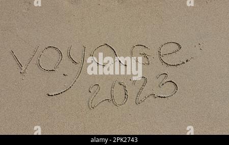 L'inscription voyaje 2022 en français, Voyage 2022, sur le sable par l'eau et la vague montante, mer vacances plage au bord de la mer. Banque D'Images