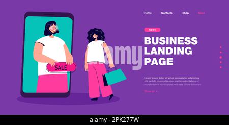 Assistant de boutique en ligne montrant la bannière de vente à la cliente féminine Illustration de Vecteur