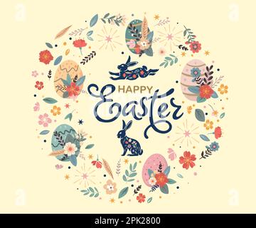 Affiche avec silhouettes de lapins, fleurs de printemps et œufs colorés. Illustration vectorielle plate. Bannière des fêtes, prospectus ou bon de félicitations, broch Illustration de Vecteur
