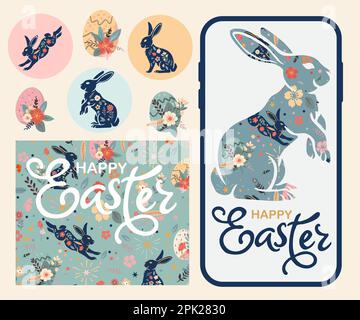 Bannière joyeuses Pâques pour les réseaux sociaux. Motif Pâques tendance avec typographie, traits et points dessinés à la main, œufs et lapin dans des couleurs pastel. Moderne mi Illustration de Vecteur
