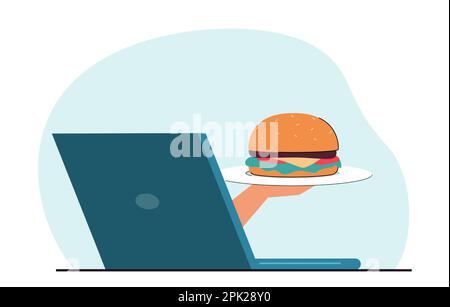 Main de l'ordinateur portable donnant le hamburger sur l'assiette Illustration de Vecteur