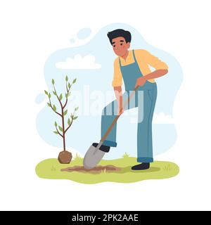 Homme noir creusant le sol avec une pelle pour planter un arbre. Homme travaillant dans le jardin. Illustartion vectorielle mignonne dans un style de dessin animé plat Illustration de Vecteur