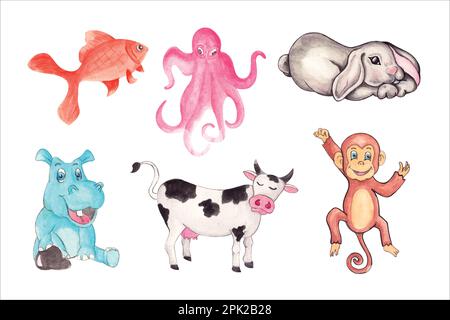 Ensemble d'animaux isolés différents, dessin main aquarelle illustration vectorielle pour carte de vœux et invitation Illustration de Vecteur