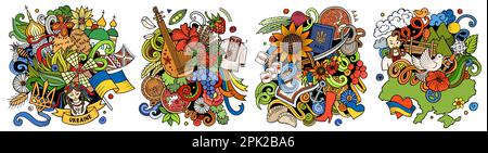 Ensemble de motifs de dessin animé à motif de caniche Ukraine. Compositions détaillées colorées avec beaucoup d'objets et de symboles ukrainiens. Isolé sur des illustrations blanches Illustration de Vecteur