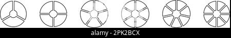 Modèles de graphique à pizza, à beignets ou à tarte. Cercle divisé sur 3, 4, 5, 6, 7, 8 coupes égales. Schémas de roue avec trois, quatre, cinq, six, sept, huit secteurs. Illustration graphique vectorielle Illustration de Vecteur