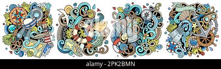 Ensemble de motifs de dessin animé marin à motif caniche. Compositions colorées et détaillées avec beaucoup d'objets et de symboles maritimes. Isolé sur des illustrations blanches Illustration de Vecteur