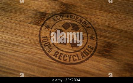 Tampon de recyclage écologique imprimé sur une boîte en bois. Écologie de l'environnement et concept d'entreprise durable. Banque D'Images