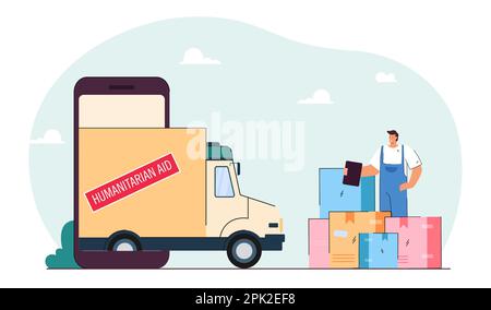 Camion avec panneau d'aide humanitaire et volontaire avec des boîtes Illustration de Vecteur