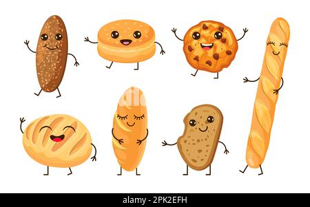 Jeu d'illustrations vectorielles de personnages de dessin animé de pain mignon Illustration de Vecteur