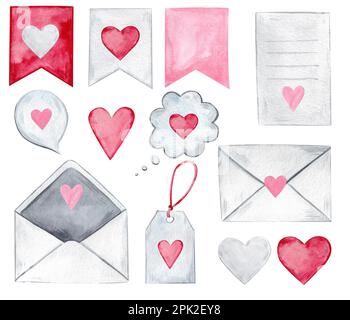 Décor romantique. Coeur, coeurs, flèches, rubans, étiquettes, drapeaux, enveloppe, lettre. Des éléments pour la Saint-Valentin, le mariage ou la date romantique Banque D'Images