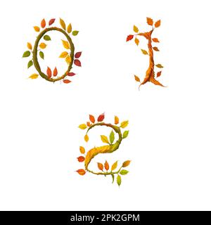3D illustration de l'alphabet stylisé des feuilles d'automne - chiffres 0-2 Banque D'Images