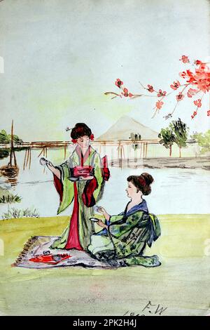 Les femmes japonaises près de l'eau par F.W. c1915. De l'œuvre originale d'un album de souvenirs de la Guerre mondiale de 1st. Banque D'Images