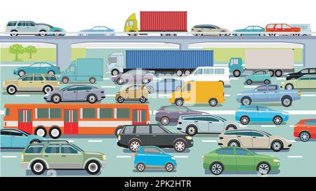 Autoroute avec camion et voiture de tourisme, illustration Illustration de Vecteur