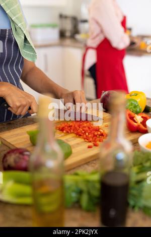 Section centrale de la jeune femme biraciale hachant des tomates en tranches sur la planche à découper dans la cuisine Banque D'Images