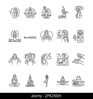 Jeu d'icônes de méditation en ligne noire. Pictogrammes pour la page Web, l'application mobile, la promotion. Illustration de Vecteur