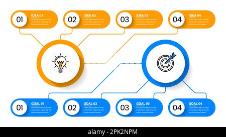 Modèle d'infographie avec 2 icônes et 4 étapes connectées. Peut être utilisé pour la mise en page de flux de travail, le diagramme, la bannière, la conception Web. Illustration vectorielle Illustration de Vecteur