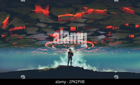 homme futuriste debout sur le rocher et regardant le grand symbole lumineux sur le sol du monde à l'envers, style d'art numérique, illustration pa Banque D'Images