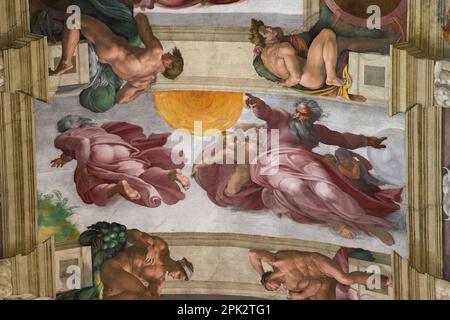 Dieu créant le Soleil, la Lune et la Terre, fresque, plafond, Chapelle Sixtine, Buonarroti Michelangelo, 1508-1512, Musées du Vatican, Rome, Italie, Banque D'Images