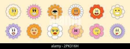 Hippie camomile smiley personnages bonne vibes. Collection amusante de marguerites rétro. Visages de fleurs psychédéliques dans le style de dessin animé vintage positif. Lot de Y2Y autocollants à motif groovy pop tendance. Vecteur eps éléments Illustration de Vecteur