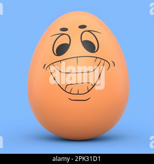 Ferme oeuf peint brun avec des expressions et visage drôle isolé sur fond bleu. 3D rendu des oeufs de Pâques modèle de conception pour l'accueil et invité Banque D'Images