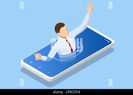Isométrique social médias addiction, influence, popularité, style de vie moderne, et concept d'annonce. Un homme se noie dans un smartphone. Dépendance pathologique Illustration de Vecteur