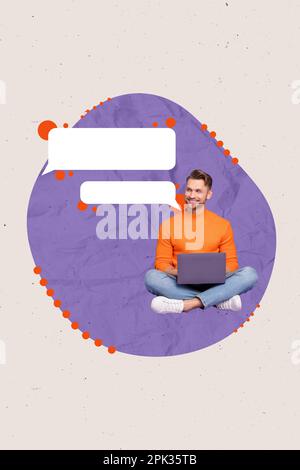 Modèle d'image créative collage de jeune homme d'affaires en utilisant netbook écrire des commentaires de blog chat avec des amis Banque D'Images