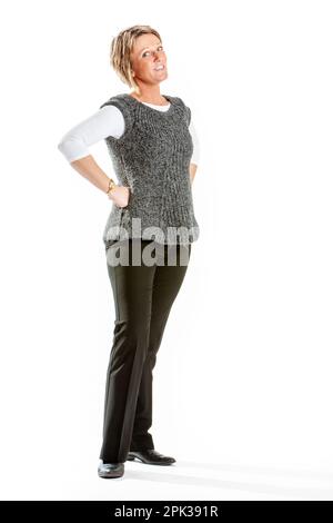 Collègues d'affaires : professionnel occasionnel. Portrait complet d'un travailleur de bureau amical, studio isolé sur blanc. À partir d'une série d'images associées. Banque D'Images