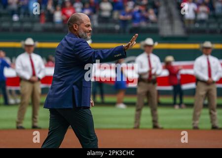 Baseball Hall of Famer Ivan Pudge Rodriguez, foreground, hugs Miami  Marlins pitcher Sandy Alcantara after Rodriguez threw out a ceremonial  first pitch before the start of a baseball game between the Marlins