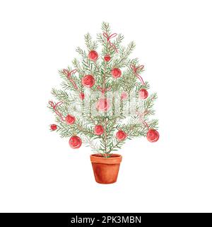 Arbre de Noël sur fond blanc dans un pot. Illustration aquarelle d'un arbre de Noël avec des boules rouges. Illustration de Noël. Nouvel an recommandé Banque D'Images