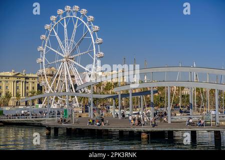 Pont Rambla de Mar en direction de Maremagnum dans le Port Vell (ancien port) de Barcelone (Catalogne, Espagne) ESP: Puente de la Rambla de Mar (Barcelone España) Banque D'Images