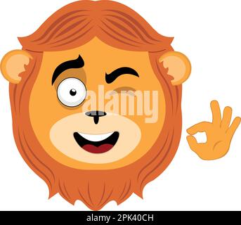 illustration vectorielle visage de lion animal dessin animé, oeil de wencrage et avec sa main faire un ok ou parfait gesturetor illustration visage d'animal de lion Illustration de Vecteur