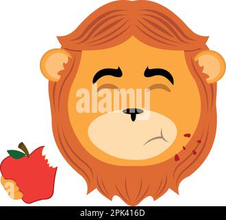 illustration vectorielle face d'un lion de dessin animé mangeant une pomme rouge Illustration de Vecteur