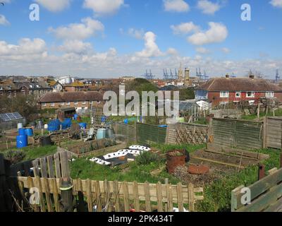 Les lotissements qui entourent le fort Redoubt à Harwich offrent une vue imprenable sur la ville et des grues éloignées dans le port de Felixstowe docks. Banque D'Images