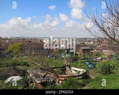 Les lotissements qui entourent le fort Redoubt à Harwich offrent une vue imprenable sur la ville et des grues éloignées dans le port de Felixstowe docks. Banque D'Images