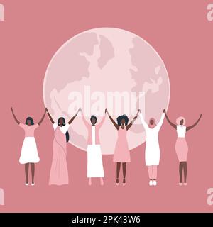 Les femmes tiennent les mains, se tiennent sur le fond du globe. Concept de la Journée internationale de la femme. Communauté des femmes. La solidarité féminine. Groupe diversifié Illustration de Vecteur