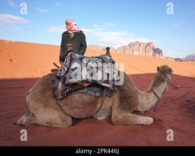 Wadi Rum, Jordanie - 19 janvier 2020: Homme inconnu en manteau chaud et shemagh blanc rouge - foulard bédouin traditionnel, chameau reposant sur la poussière rouge désert Banque D'Images