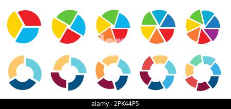 Cercle divisé en segments égaux décalés légèrement hors du centre - version de trois à sept pièces, peut être utilisé comme élément infographique Illustration de Vecteur