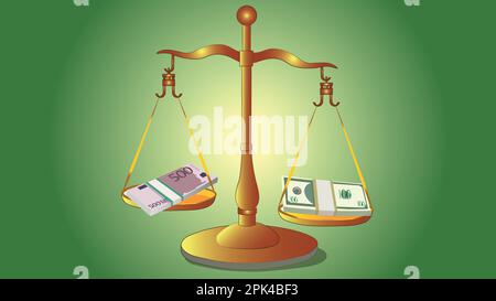 La balance pèse la monnaie en dollar et la monnaie en euro, qui pèse aujourd'hui plus dans le monde de l'économie. concept commercial et financier Illustration de Vecteur