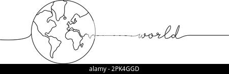 Monde - mot avec silhouette de planète une ligne. Dessin minimaliste de l'illustration de phrase. Silhouette de terre continue illustration d'une ligne. Illustration de Vecteur
